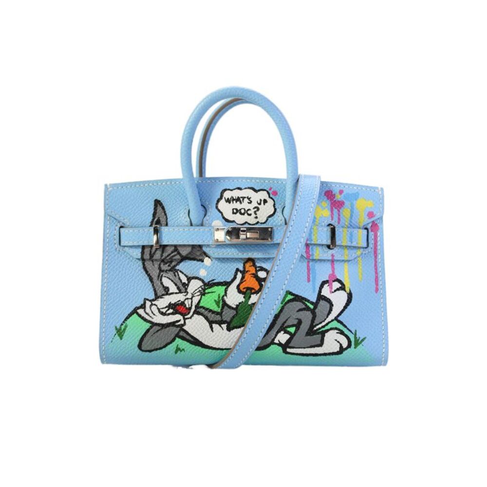Hermes Womens Hand Painted Epsom Leather Micro Birkin 15 Handbag Blue White